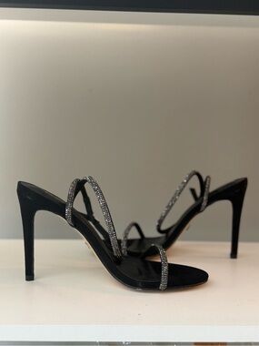 bebe Black Rhinestone-Strap Stiletto Sandals